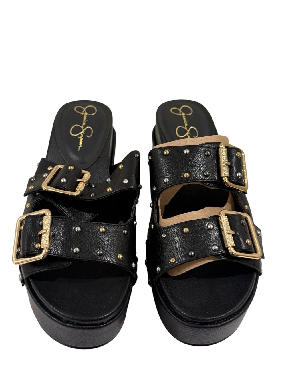NEW Jessica Simpson Black Studded Double-Buckle Platform Slide Sandals ~ Size 10